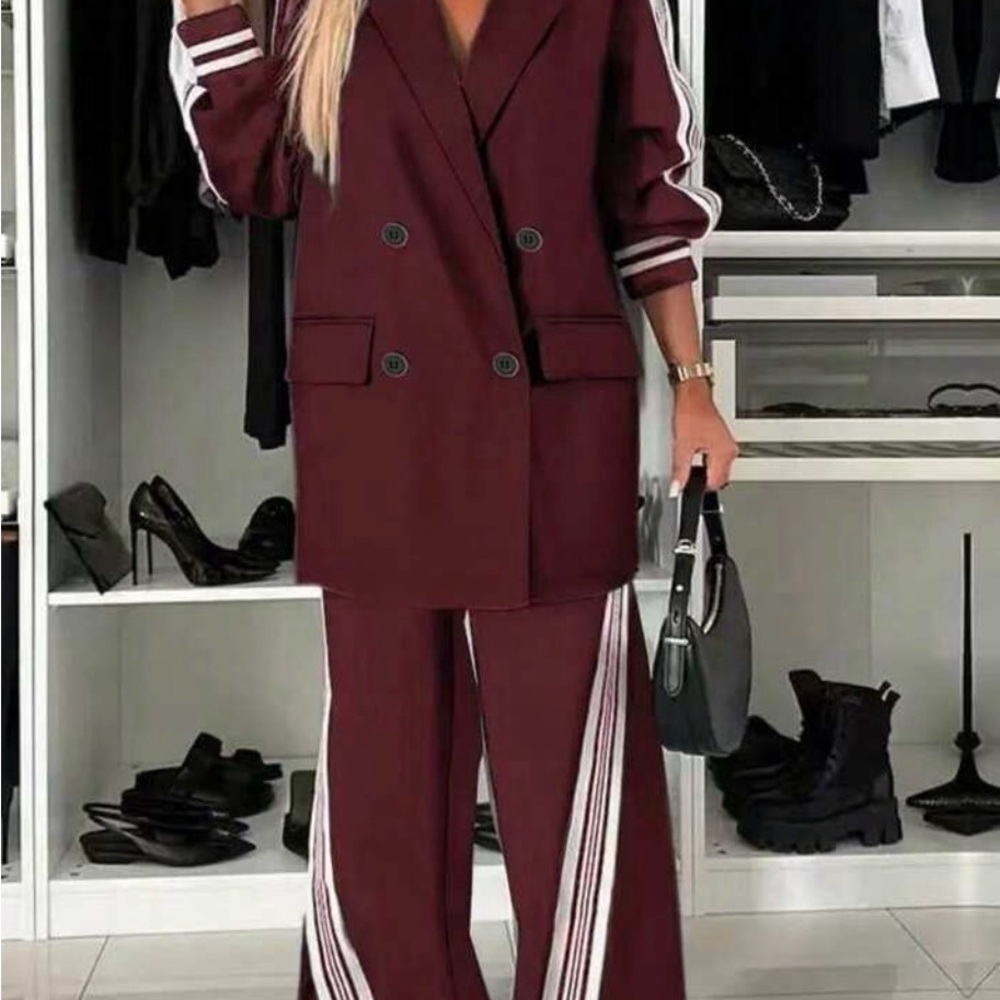 Women's Burgundy Wide-Leg Two-Piece Blazer & Track Pants Set